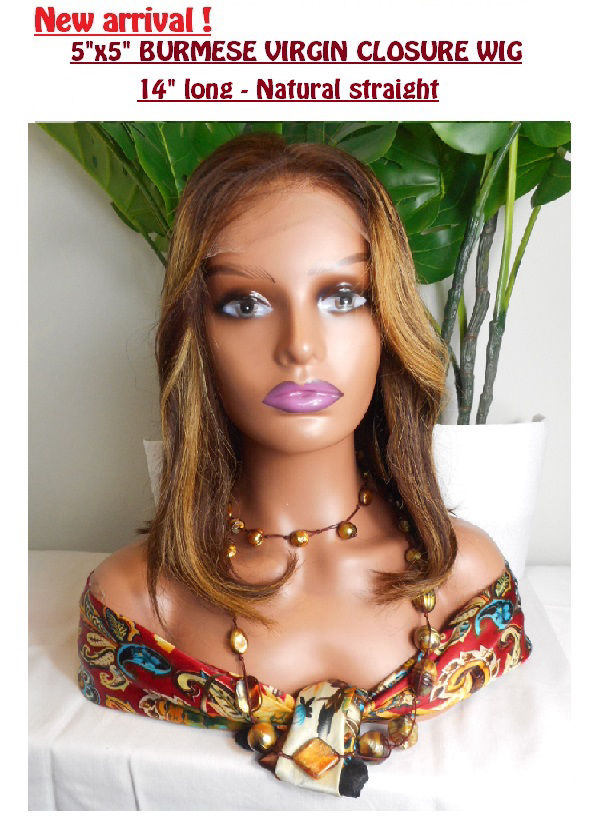 5X5 Burmese Virgin Closure wig, 14 inches, hair colour 4/27 ( chestnut brown dark roots with honey blonde highlights)