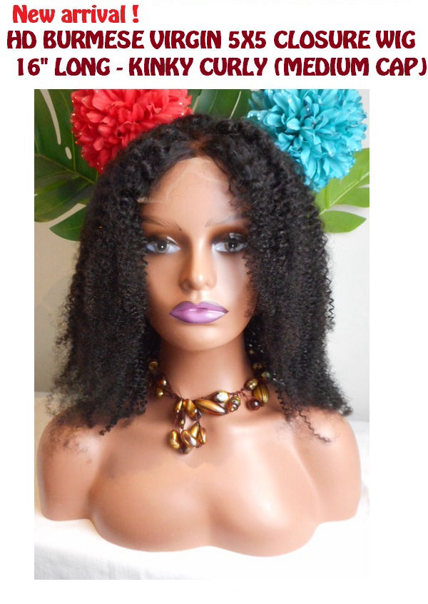 Burmese Virgin, 5x5 closure wig, 16 inches long, kinky curly (with HD lace)