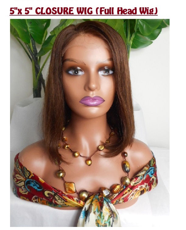 Burmese Remy lace closure wig (full head wig), 12 inches, hair colour #4, silky straight (bob hairstyle)